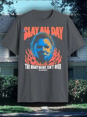 [NEW] MEN'S RETRO HALLOWEEN SLAY ALL DAY GRAY GRAPHIC T-SHIRT MENS SIZE LARGE